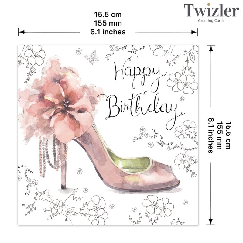 TWIZLER Happy Birthday Card for Women - Watercolor Shoe Design - 6.1 x 6.1 inch Card with Envelope - Image 3